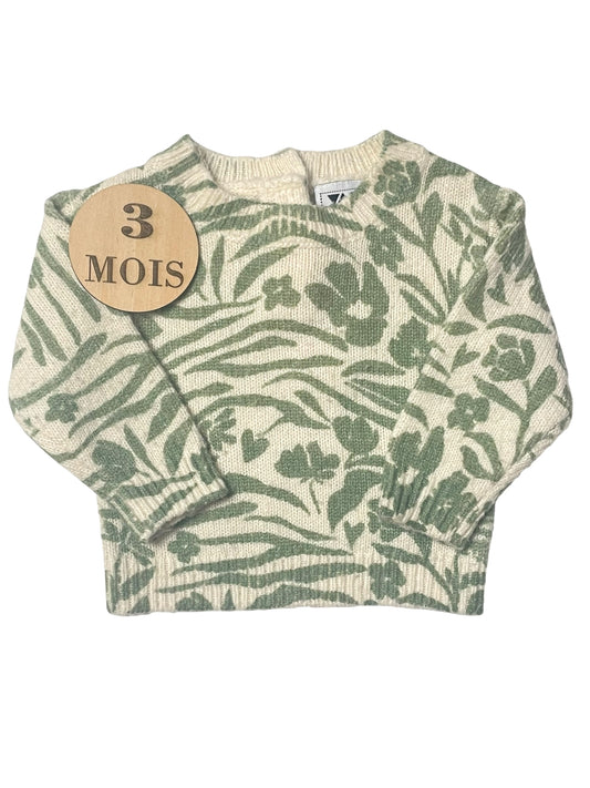 Pull en mailles, écru, fleurs vertes , TAO