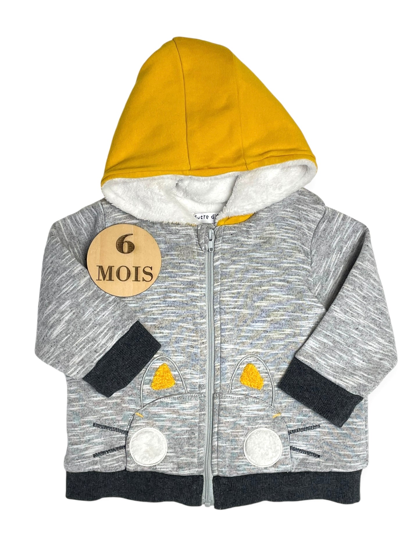 Gilet fourré / veste, gris et jaune, Sucre d’Orge