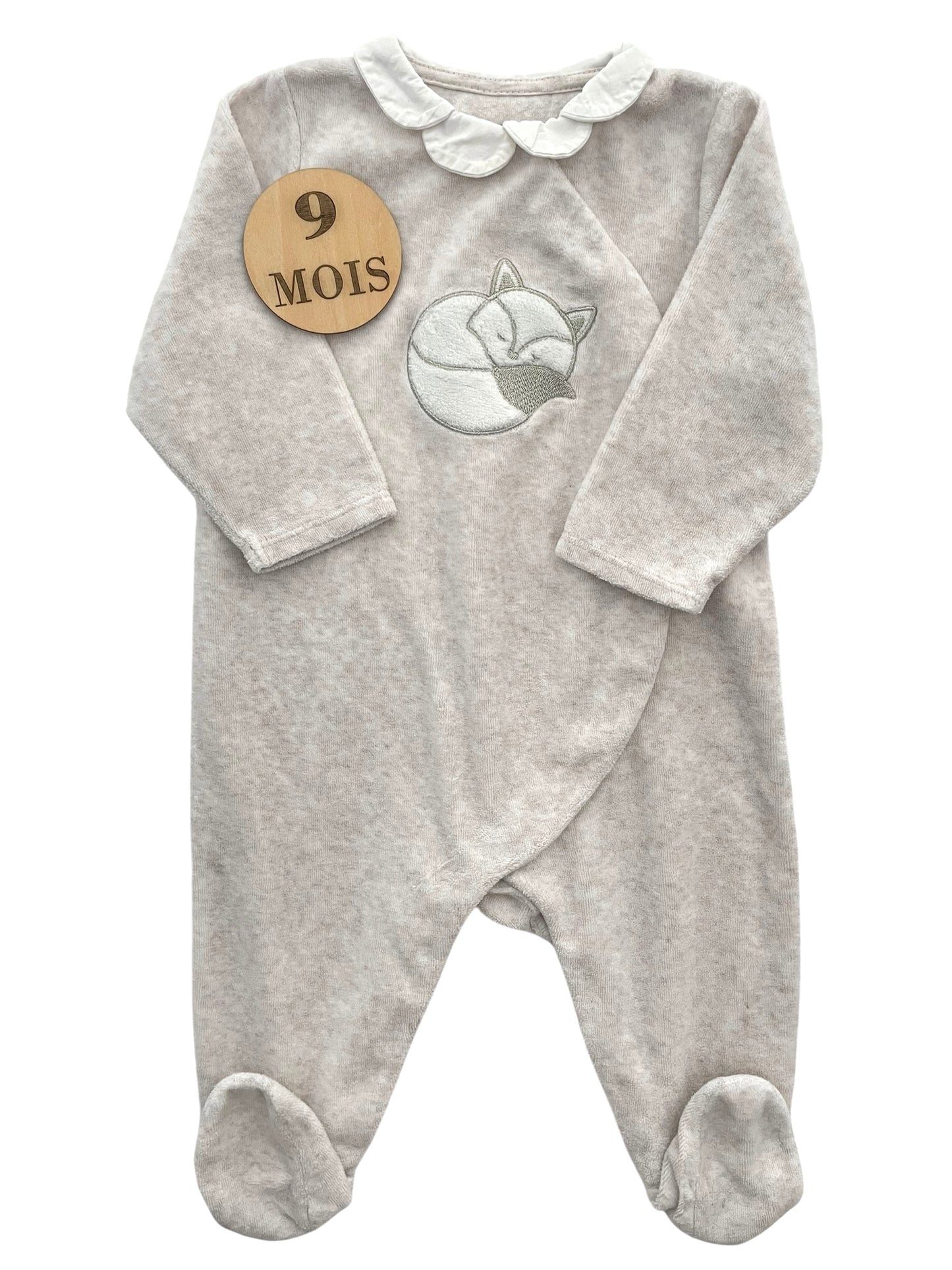 Pyjama velours gris/beige, à col, renard, Obaibi