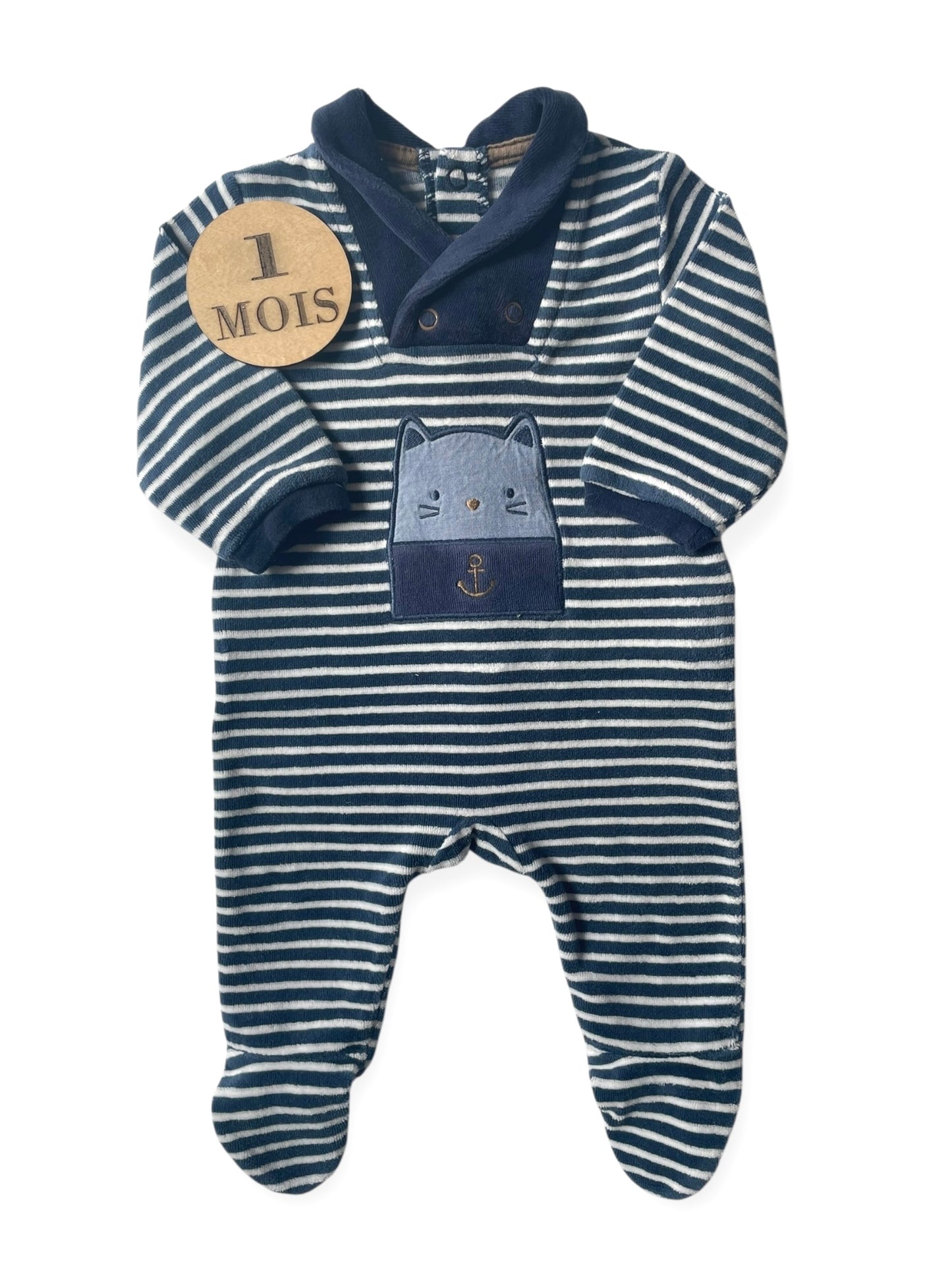 Pyjama velours rayé, bleu-marine, Obaibi
