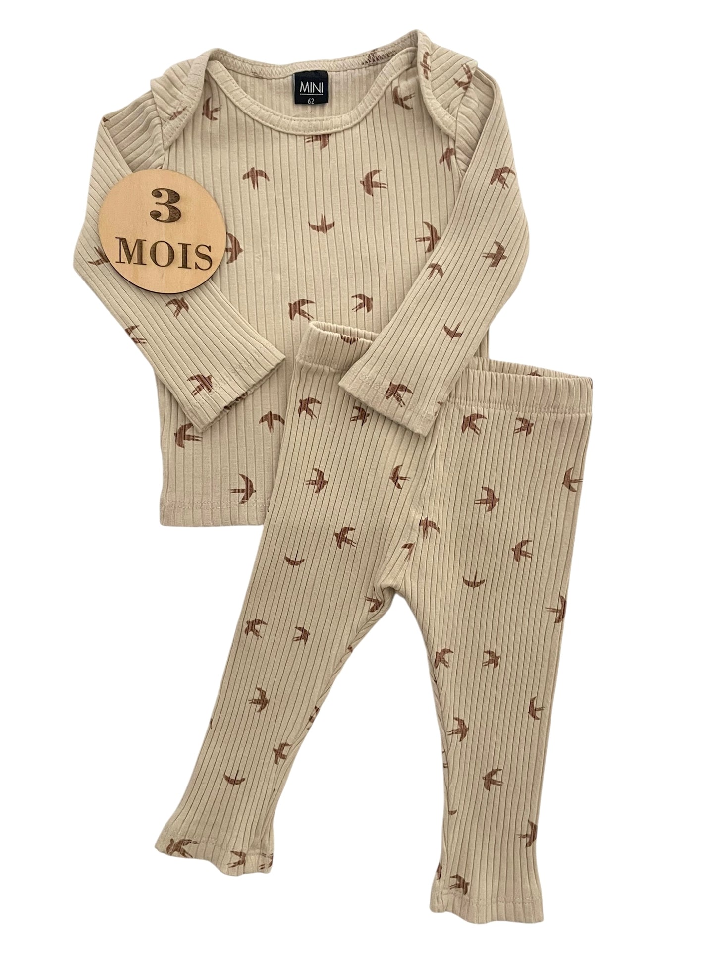 Ensemble côtelé, crème, oiseaux, Mini