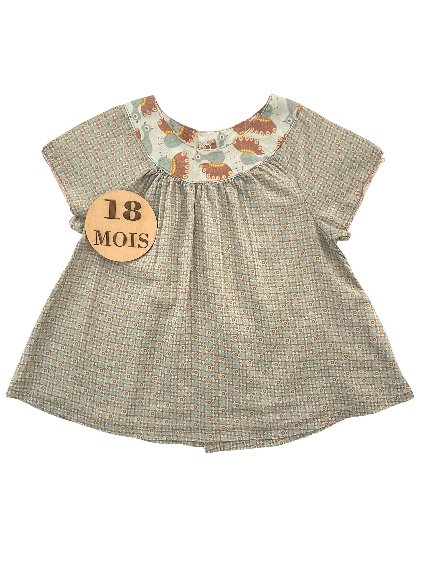 Blouse gris/vert, paons, Kitchoun