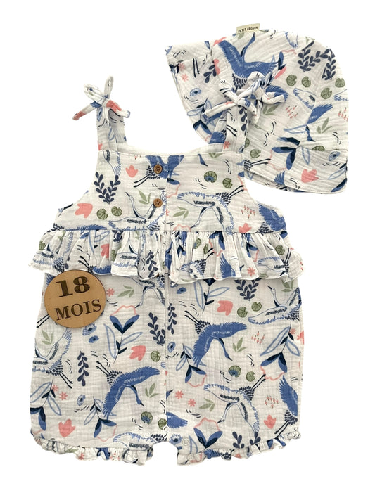 Combishort + chapeau, gaze de coton, cigognes, Petit Béguin