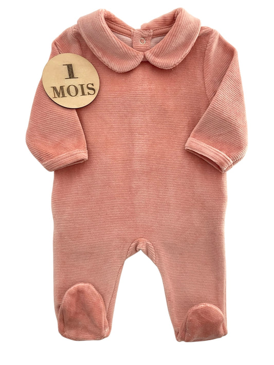 Pyjama velours à col, rose pêche, Vertbaudet