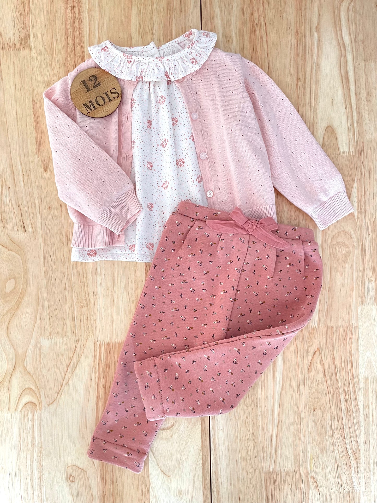 Ensemble 3 pièces, rose et blanc, fleuri