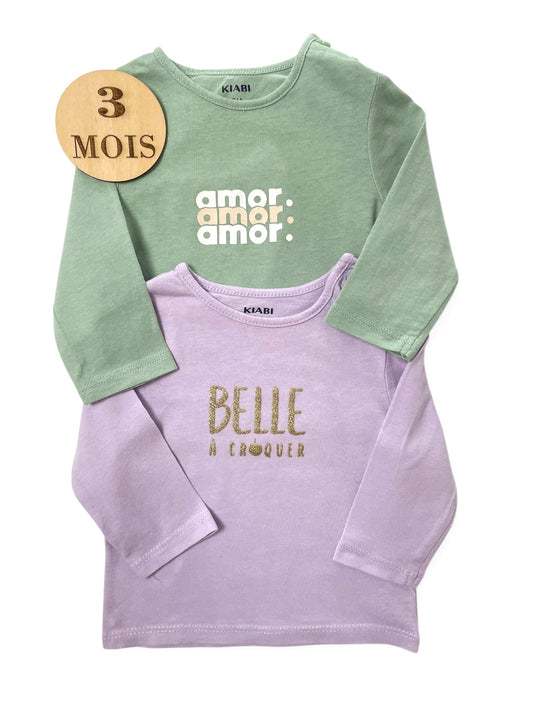 Lot 2 tee-shirt, vert et violet, Kiabi