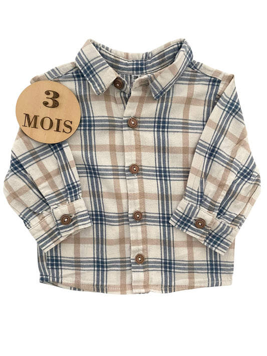Chemise à carreaux, crème et bleue