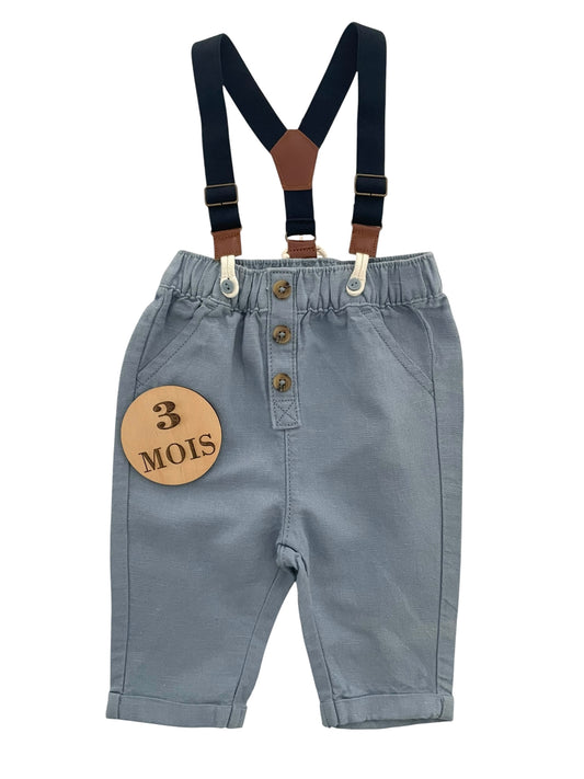 Pantalon bleu, à bretelles, Kiabi