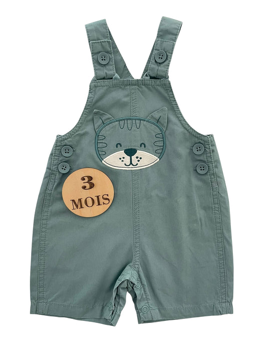 Salopette short en toile, verte, chat