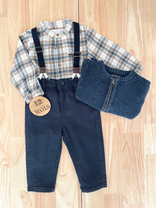 Ensemble 3 pièces; chemise, gilet et pantalon à bretelles