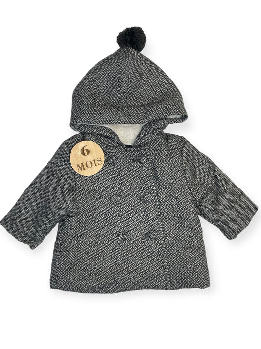 Manteau fourré gris, capuche pompon, motifs pieds de poule, Kiabi