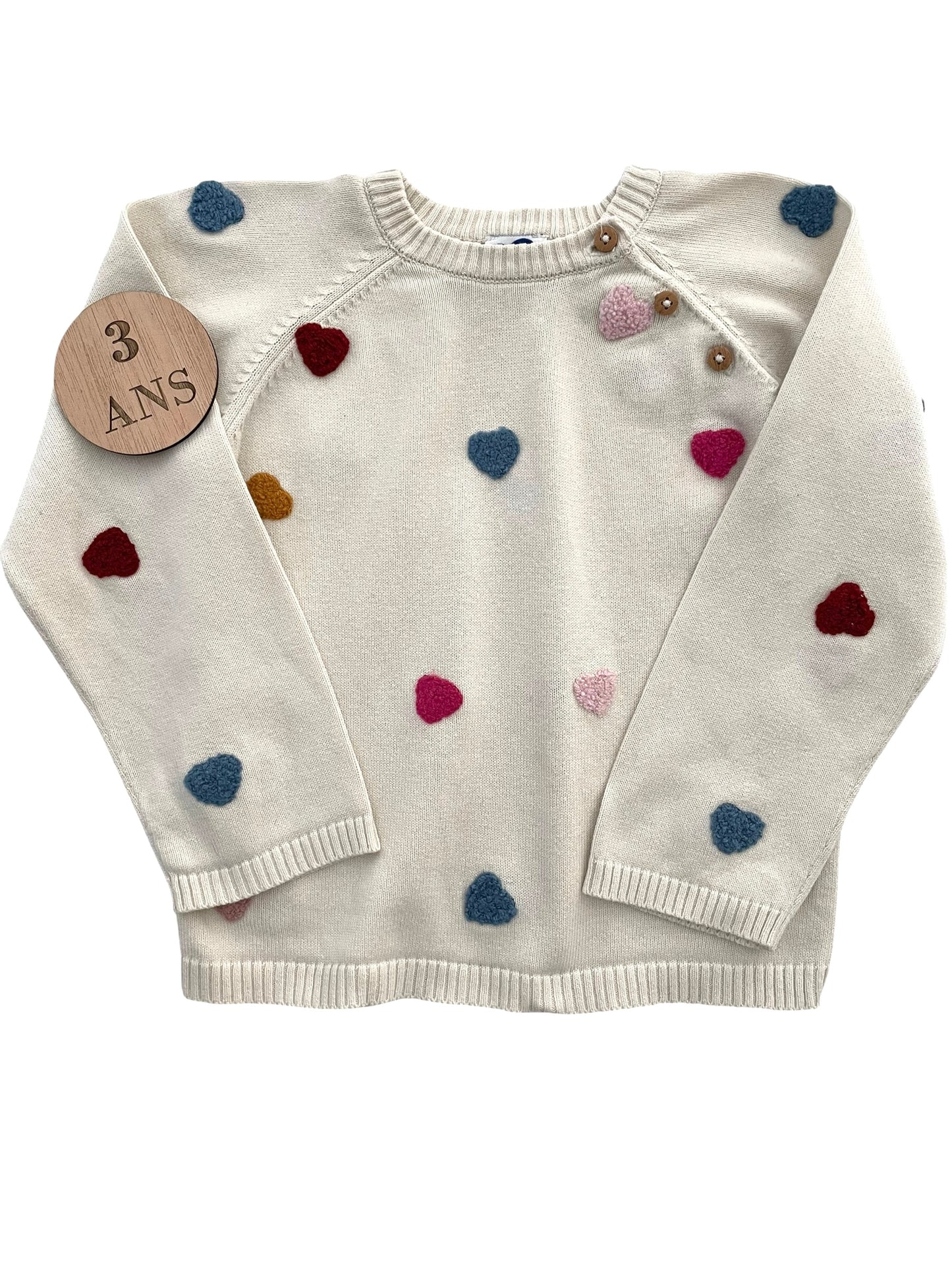 Pull fin écru, cœurs, Mots d’enfants
