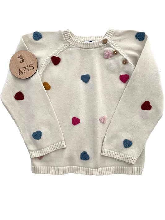 Pull fin écru, cœurs, Mots d’enfants