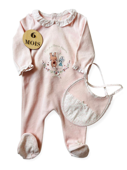 Pyjama velours + bavoir, rose, Sergent Major