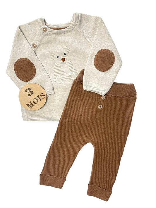 Ensemble brassière et pantalon en mailles, écru et marron, Obaïbi