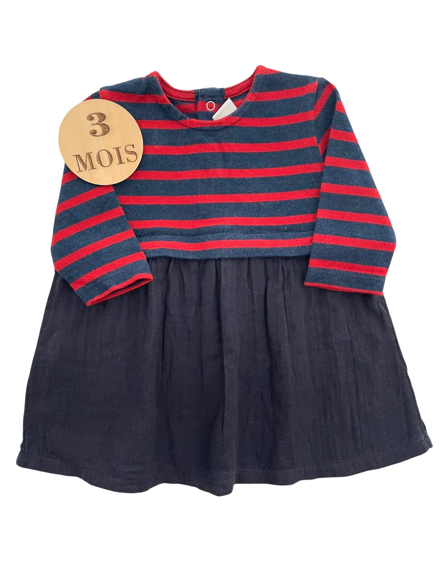 Robe rayée, jupe gaze de coton, bleu-marine, Petit Bateau