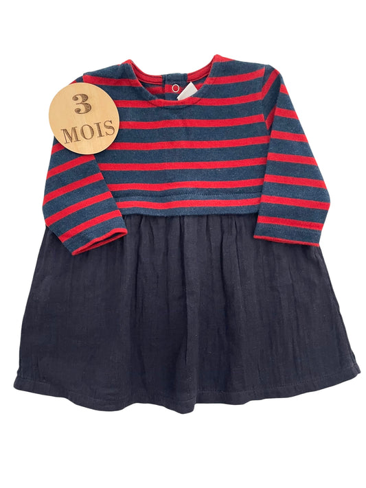 Robe rayée, jupe gaze de coton, bleu-marine, Petit Bateau