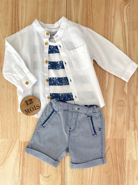 Ensemble 3 pièces, bleu et blanc, été, 12 mois