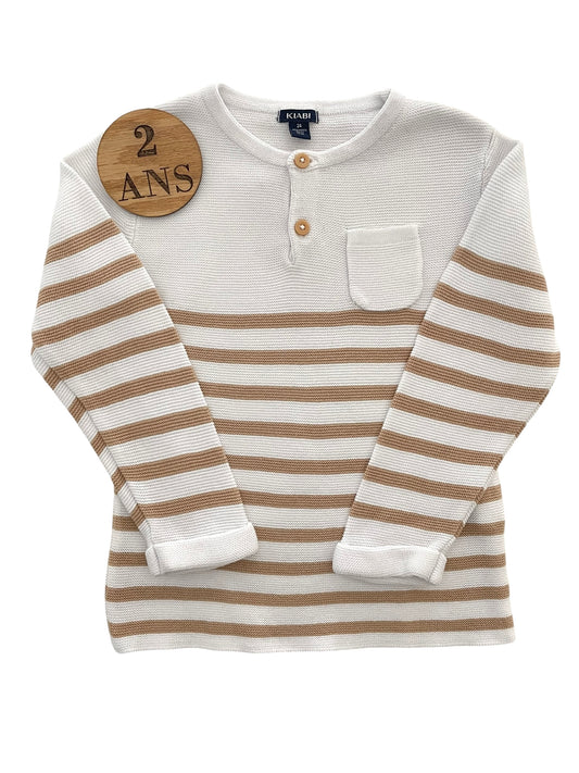 Pull en mailles, rayé, beige et blanc, Kiabi