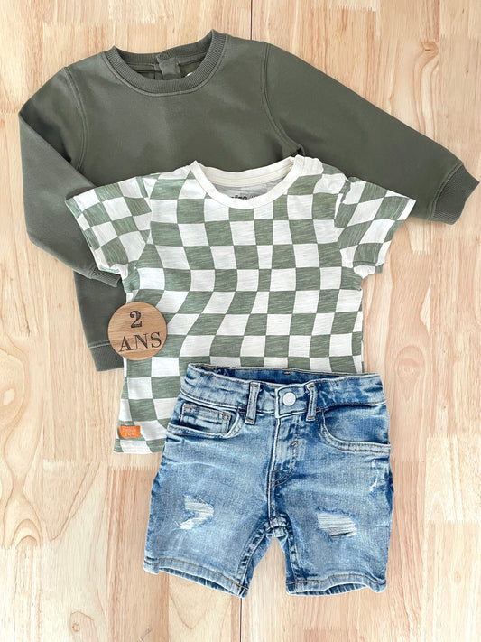 Ensemble 3 pièces, sweat/ tee-shirt et short en jean, 2 ans