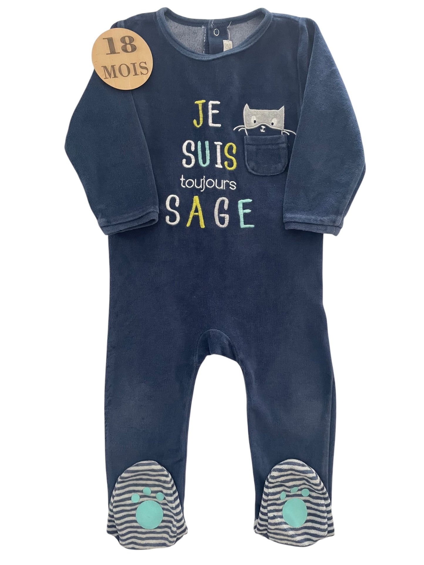 Pyjama velours, bleu-marine, chat, Gémo