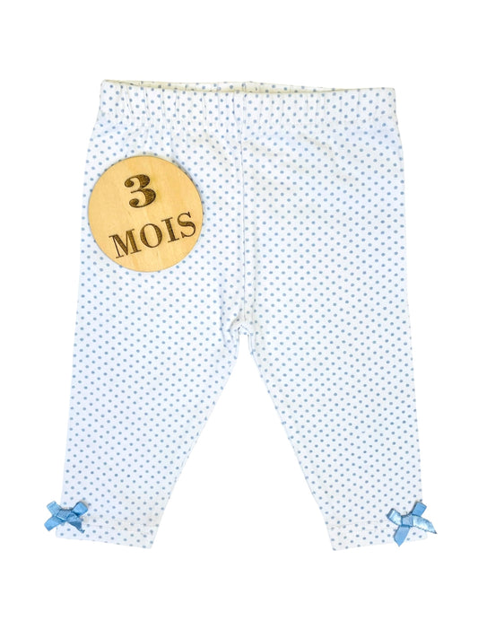 Legging blanc à pois bleu, noeuds aux chevilles