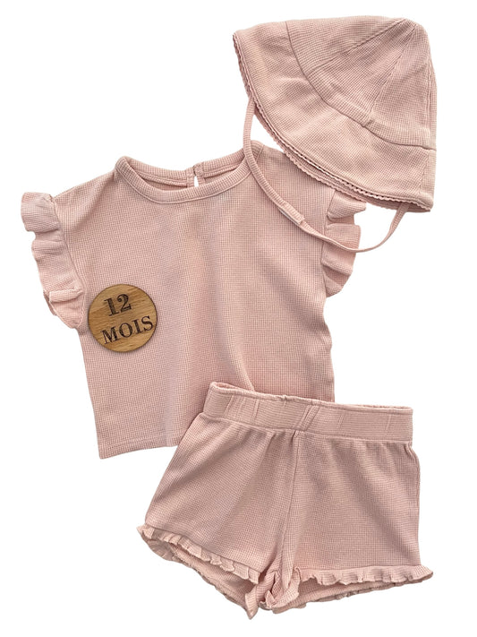 Ensemble tee-shirt, short et chapeau. mailles gaufrées, rose, Kiabi