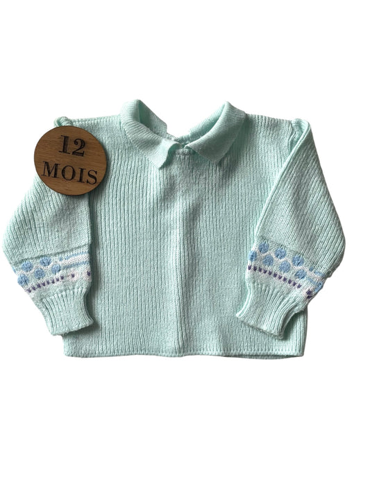 Pull en mailles, turquoise, bouton dans le dos, Clayeux
