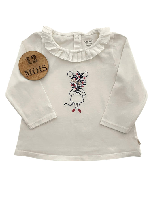 Tee-shirt écru, à col, souris, Obaïbi