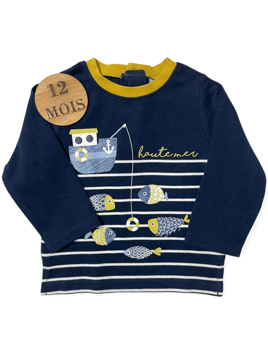Tee-shirt épais, rayé, poissons