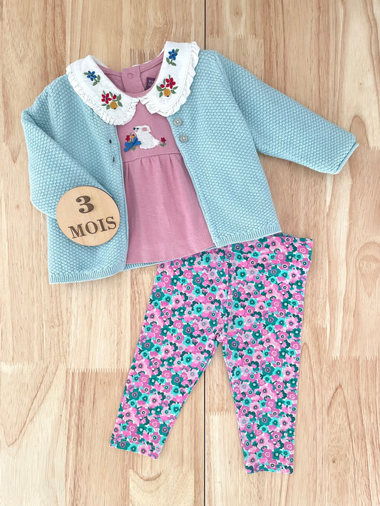 Ensemble 3 pièces, rose-bleu-fleuri