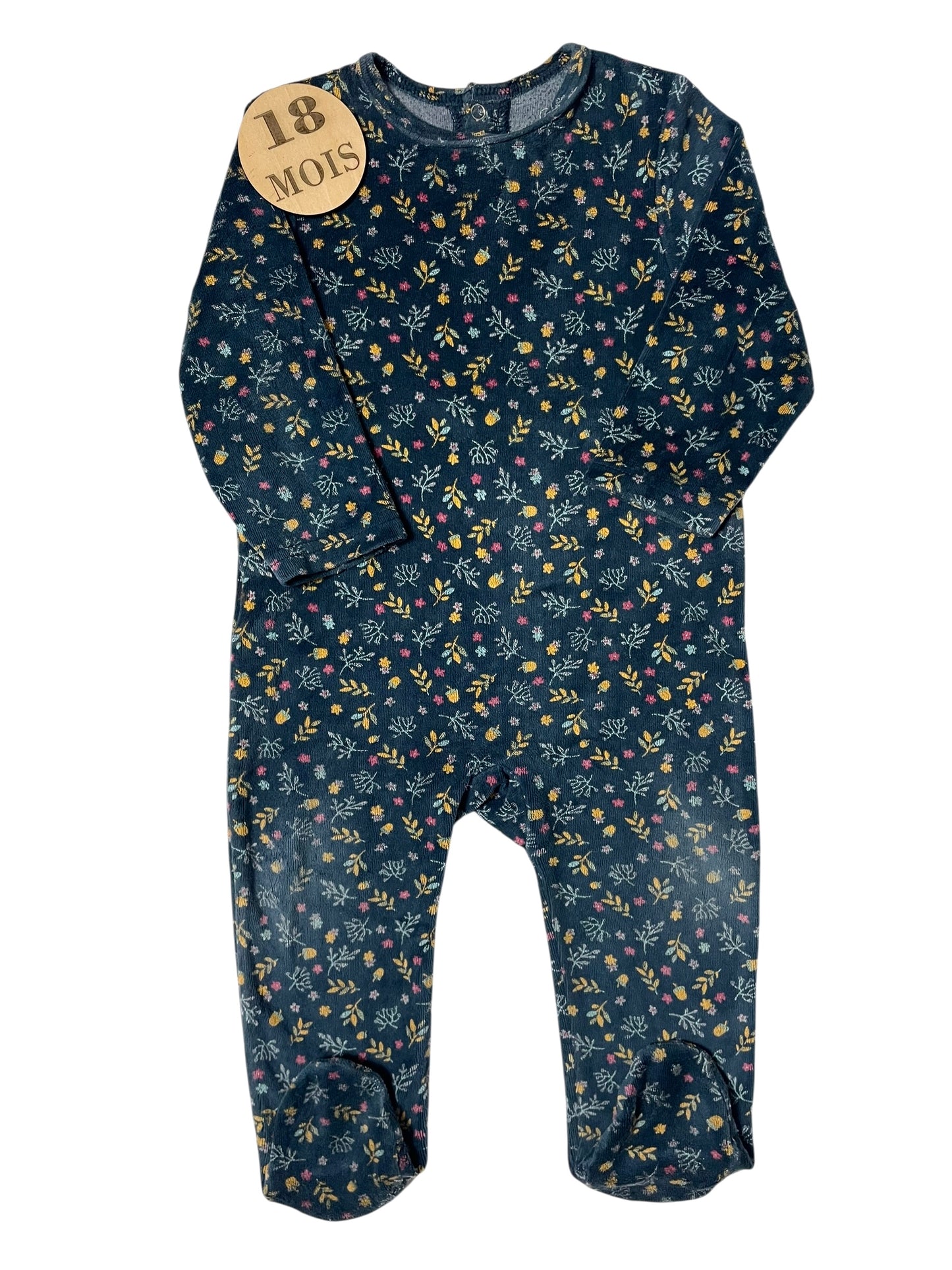 Pyjama velours bleu-nuit, fleuri, Mots d’enfants