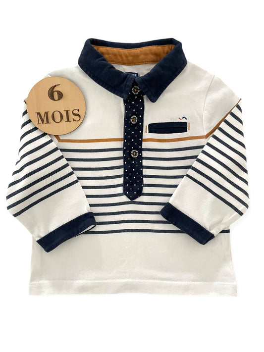 Polo écru, rayé bleu-marine, Terre de Marins