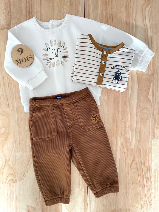 Ensemble 3 pièces; blanc, écru, marron