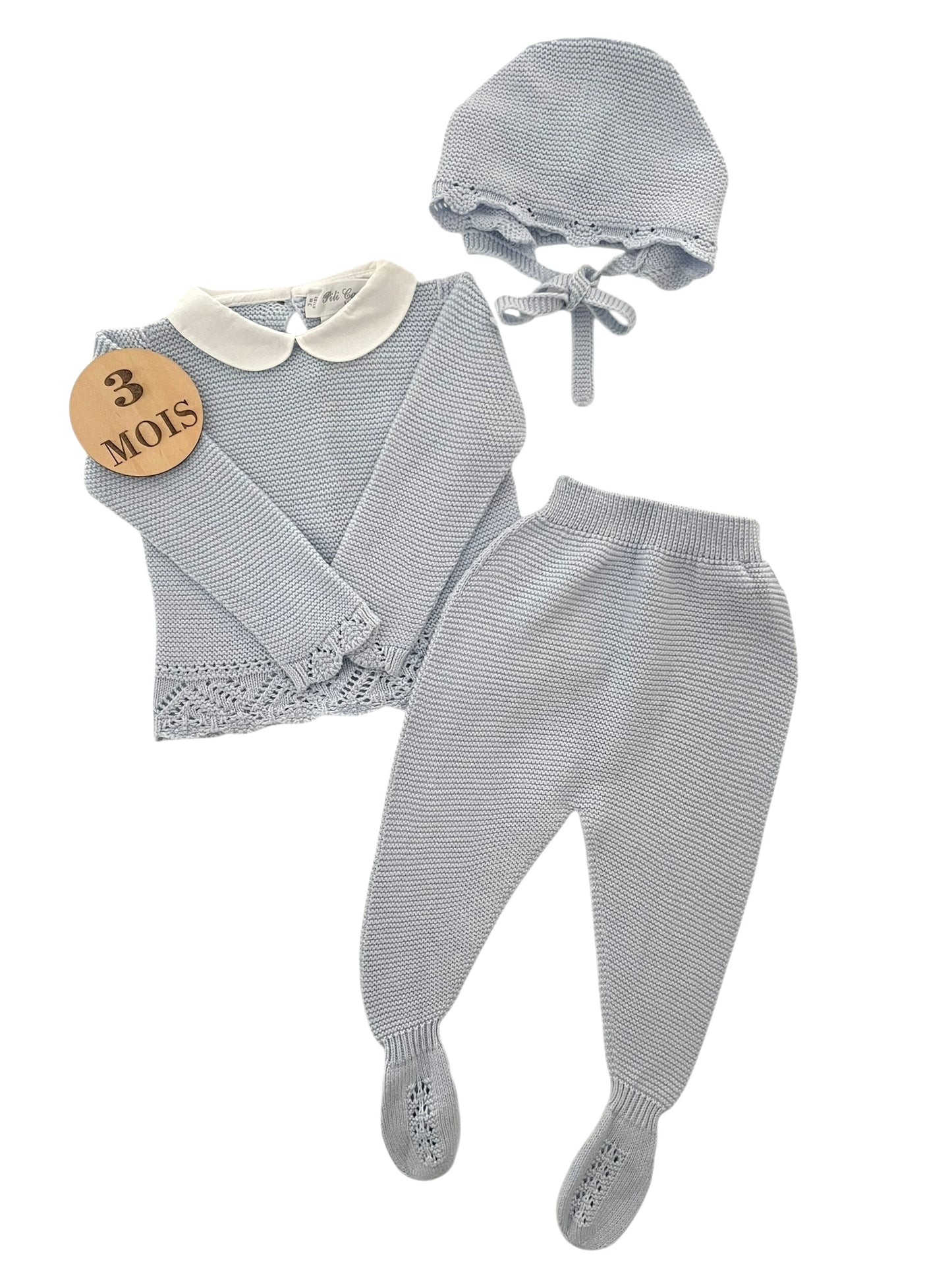 Ensemble 3 pièces, en mailles, bleu, (95% coton, 5% cachemire), Pili Carrera