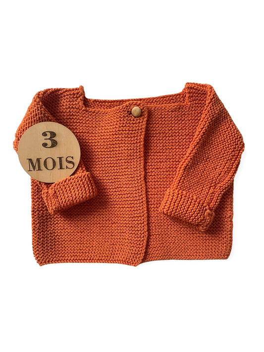 Gilet en mailles, col droit, orange, fait main