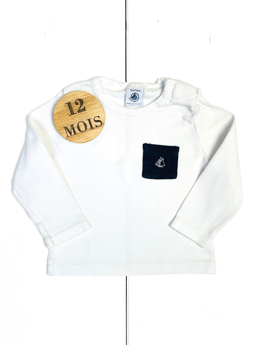 Tee-shirt blanc, manches longues, Petit Bateau