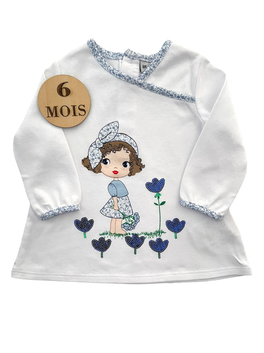 Blouse longue / tunique, bleue et blanche