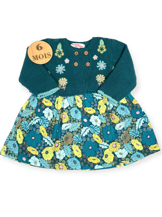 Ensemble gilet en mailles et robe en velours, vert, DPAM