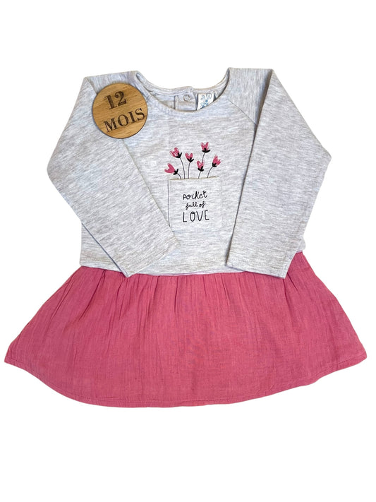 Robe sweat, jupe gaze de coton doublée, Pommette