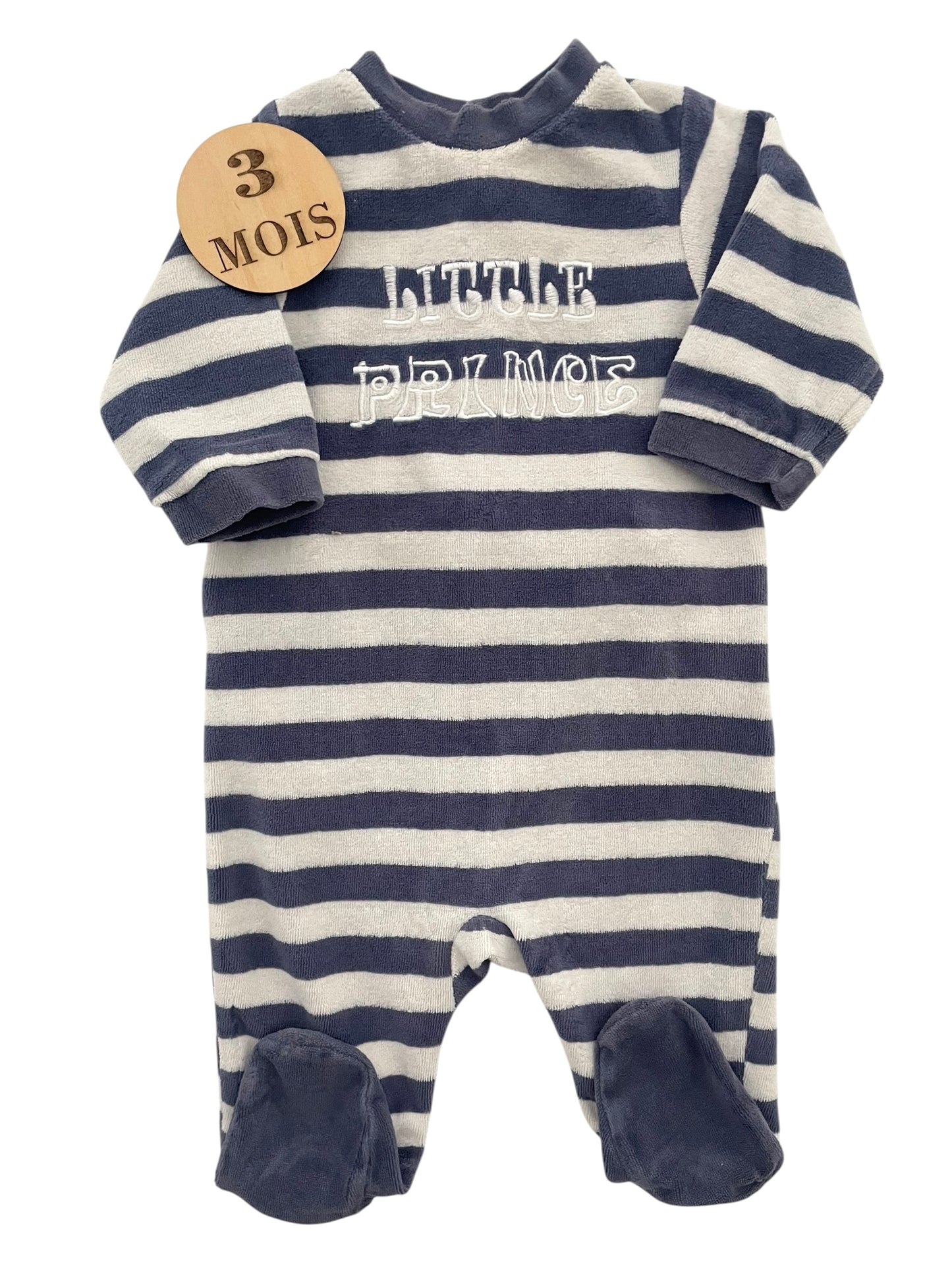 Pyjama velours rayé écru et bleu