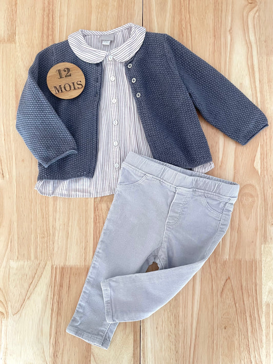 Ensemble 3 pièces, gilet, chemisier et pantalon velours, gris