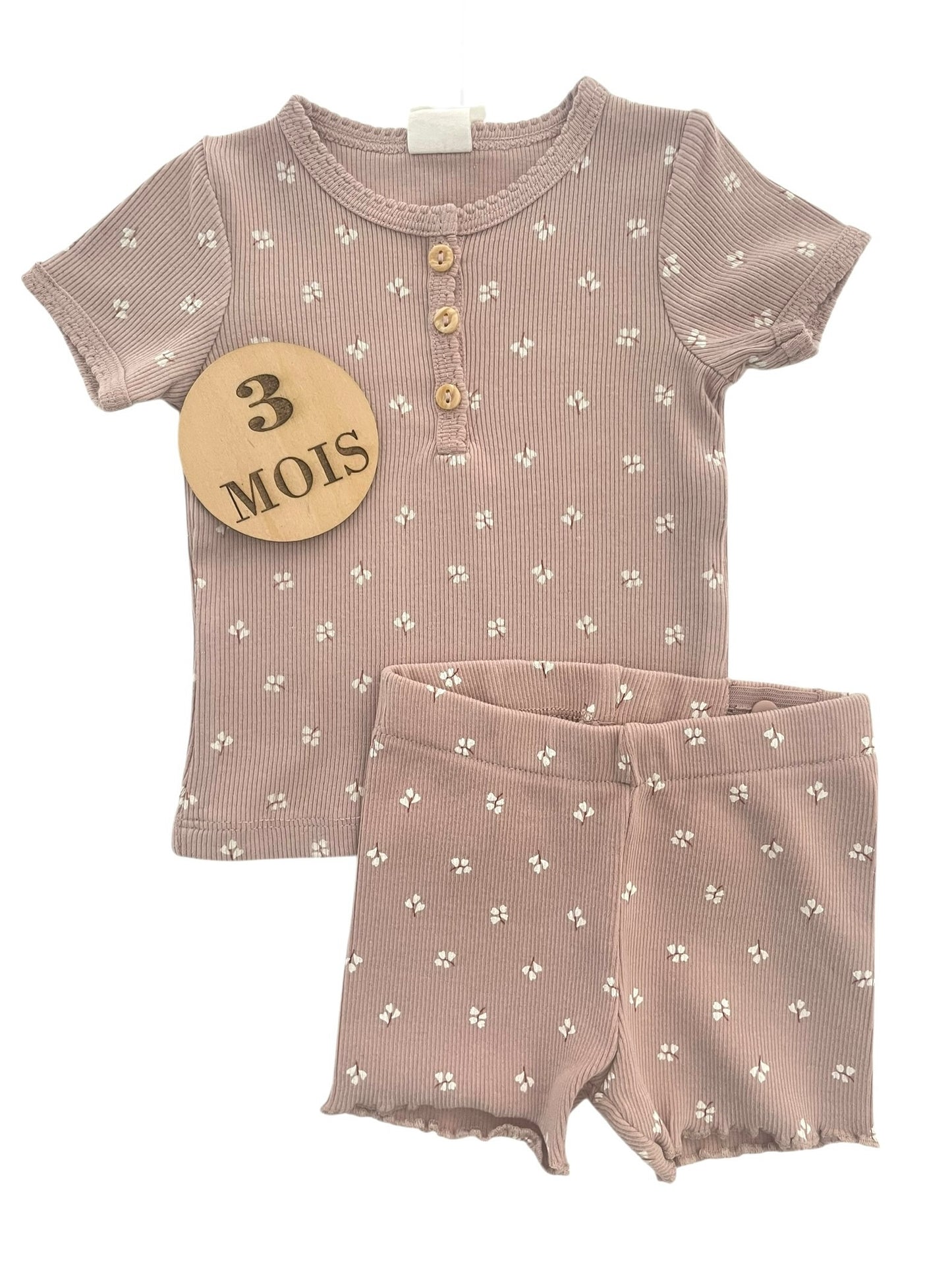 Ensemble tee-shirt et short, gris-rose, fleuri, H&M