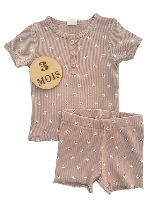 Ensemble tee-shirt et short, gris-rose, fleuri, H&M