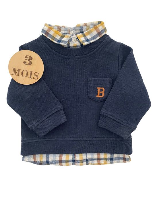 Pull bleu-marine, col et bas chemise