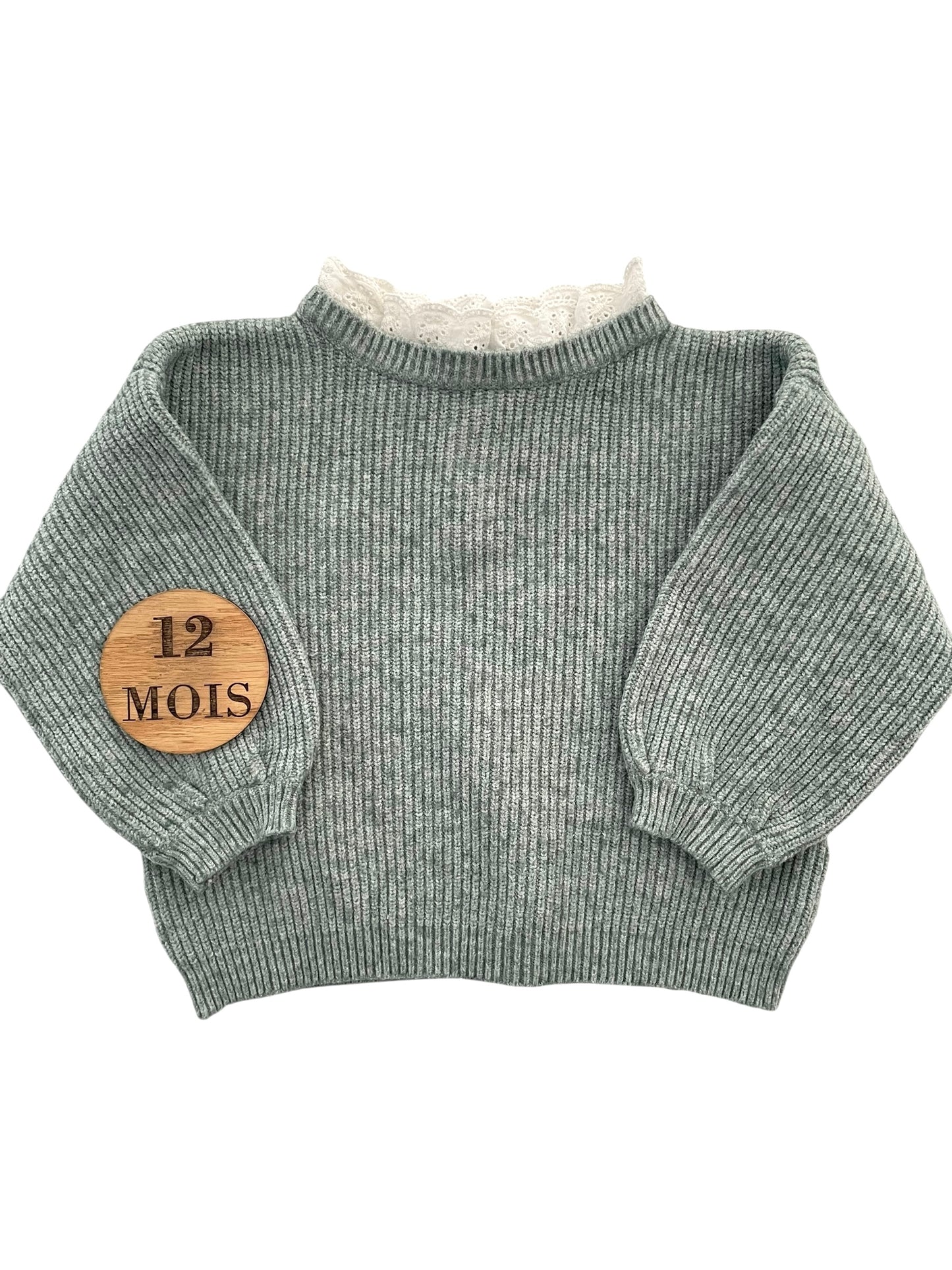 Pull en mailles, vert, col dentelles, Vertbaudet