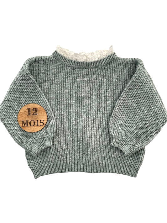 Pull en mailles, vert, col dentelles, Vertbaudet
