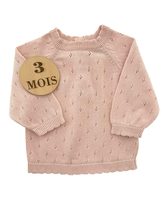 Pull fin rose pâle, ajouré, Mes petits cailloux
