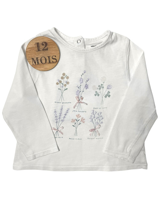 Tee-shirt blanc, fleurs, Vertbaudet