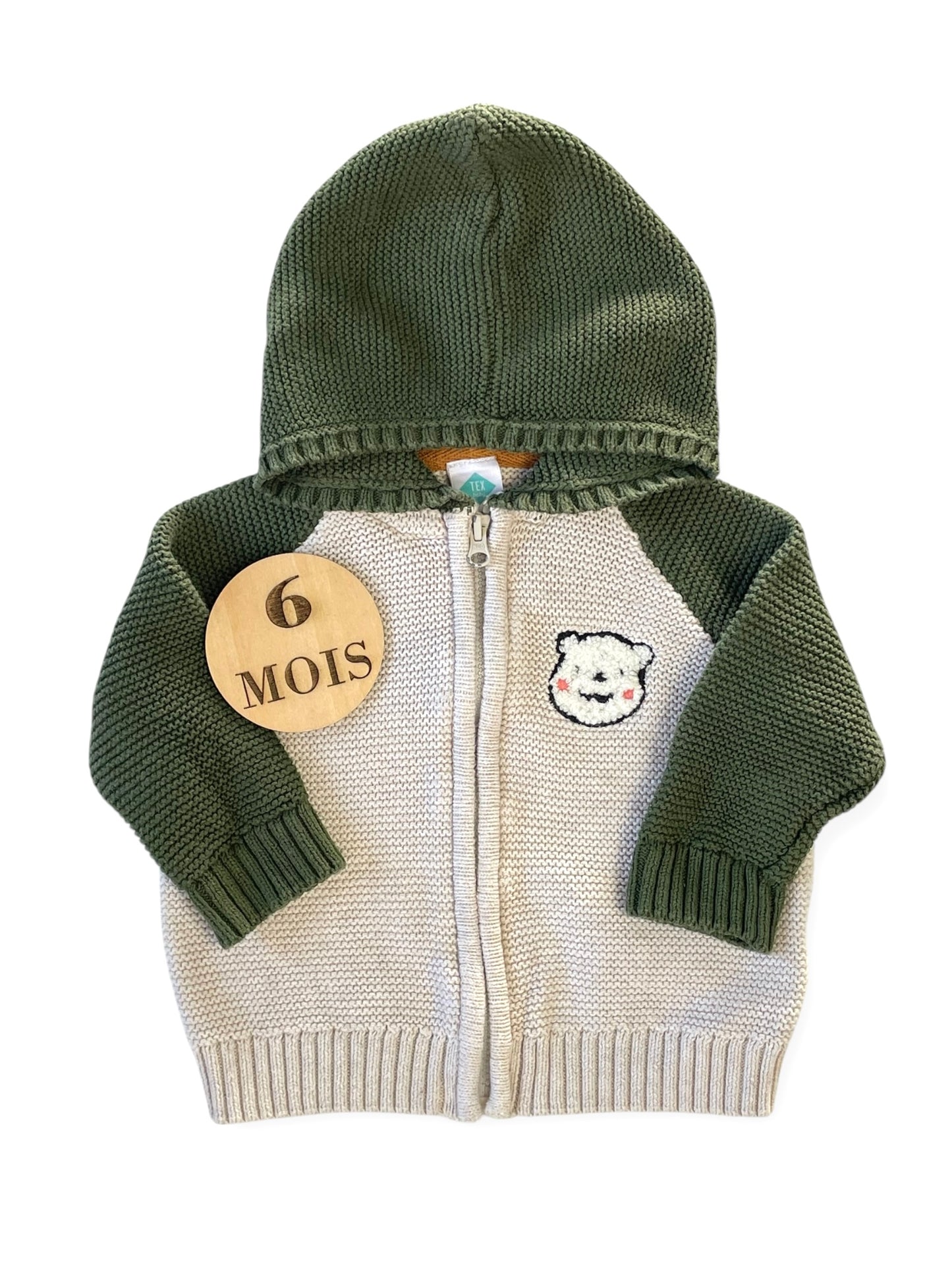 Gilet en mailles, beige et vert, TEX